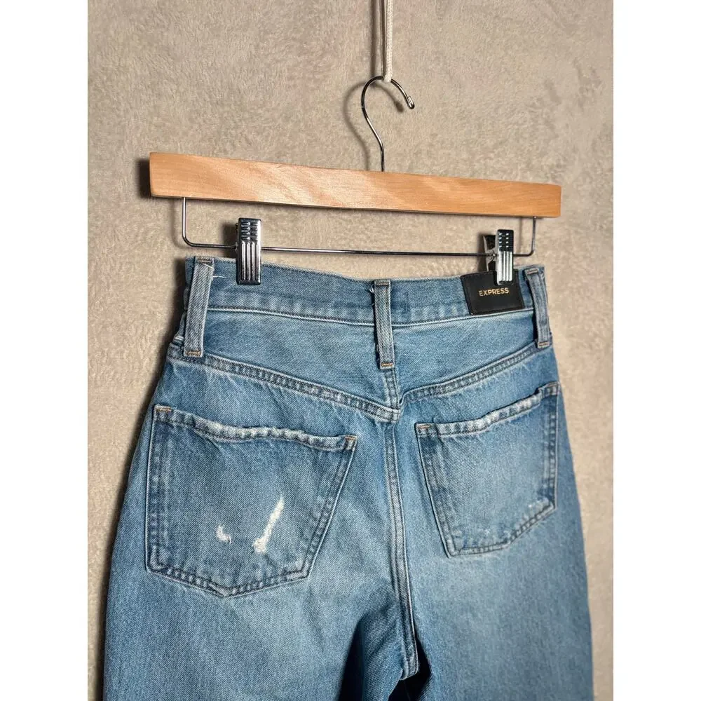 Express Womens Distressed Straight Leg‎ Dad Jean 100% Cotton Size 00